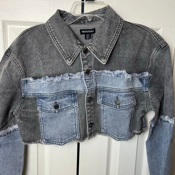 Pretty Little Thing Double Layered Denim Cropped Jacket Washed Grey Light Blue 6 - Picture 2 of 9